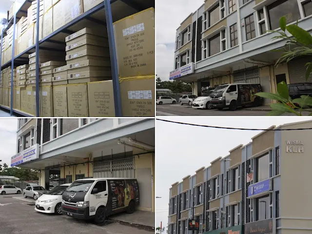 Guitar Collection HQ warehouse at Wisma KLH: stocked racks, delivery van and building front