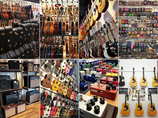 Walls of guitars, ukuleles, pedals, amplifiers and strings from the Guitar Collection range